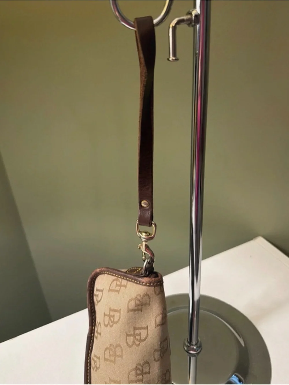 Dooney & Bourke Tan Brown Signature Monogram Mini Wristlet Leather Strap & Trim